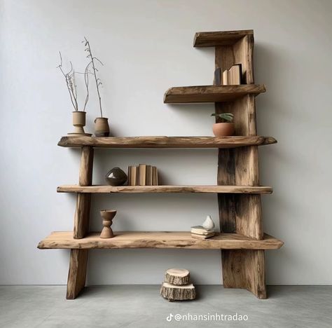 Raw Edge Bookshelf, Live Edge Wood Furniture, Rustic Shelving, Game Room Ideas, Rustic Wooden Furniture, Driftwood Shelf, Driftwood Art Diy, Driftwood Wall Art, Living Room Decor Inspiration