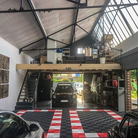 Car Garage Ideas Man Caves, Dream Garage Man Cave, Organizing Cords, Room References, Garage With Loft, Loft Designs, Moody Design, Garage Design Interior, Plastic Storage Containers