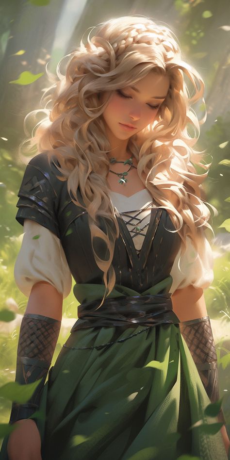 Character art created with Midjourney Ai #Artwork #Character #Fantasy Blond Witch Art, Princess Art Oc, Fantasy Healer Art, Scandinavian Character Design, Fantasy Royalty Art, Dnd Priestess, Dnd Dancer, Female Bard Character Design, Fae Character Art