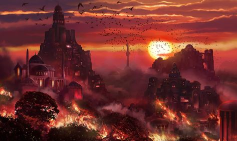 Burning City Fantasy Art, City Burning Art, Burning City Background, Burning City Art, City Background Drawing, Burning Village, Complex Illustration, Dnd Portraits, Ville Cyberpunk