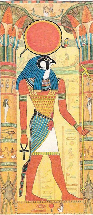 Since Horus was said to be the sky, he was considered to also contain the sun and moon. It became said that the sun was his right eye and the moon his left, and that they traversed the sky when he, a falcon, flew across it. Ra Sun God Ancient Egypt, Geb Egyptian God Art, Ra Egyptian God Art, Egyptian Gods Art, Ra Sun God, Horus Egyptian God, Horus Art, Egyptian God Ra, Egyptian Falcon