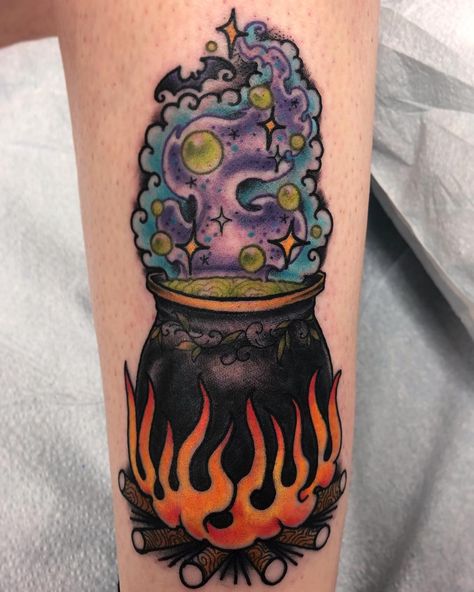 Cauldron • Witch Tattoo | Tattoo Ideas and Inspiration Witches Cauldron Tattoo, Couldren Tattoo, Witch Cauldron Art, Cauldron Tattoo, Celestial Tattoos, Cauldron Witch, Witchcraft Tattoos, Halloween Tattoos Sleeve, 2024 Tattoo