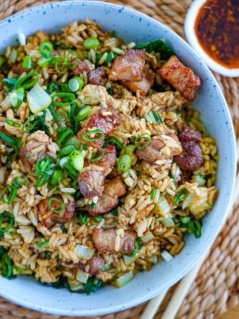 Pork Belly Fried Rice Pork Belly Leftover Recipes, Pork Belly Breakfast Recipes, Pork Belly Fried Rice Recipe, Pork Belly And Rice, Pork Belly Rice Bowl, Pork Belly Fried Rice, Pork Belly Rice, Roast Pork Fried Rice, Trader Joe’s Pork Belly Air Fryer