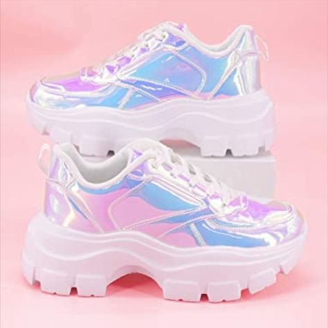 LUCKY STEP Women 90S Chunky Platform Reflective Sneakers - White Hologram Casual Lace-Up Walking Dad Sneakers #festivaloutfit #festivaloutfitedc #edcoutfit #raveoutfits #rave #edm #festivaloutfitsrave #festivaloutfitsplussize #raveoutfitsedc #festivalinspooutfits #ravepartyoutfits #holographicoutfit #chunkysneakers #festivalshoes Holographic Sneakers, Hologram Shoes, Chunky Platform Sneakers, Women 90s, Festival Shoes, Dad Sneakers, Rhinestone Shoes, Zooey Deschanel, Walking Sneakers