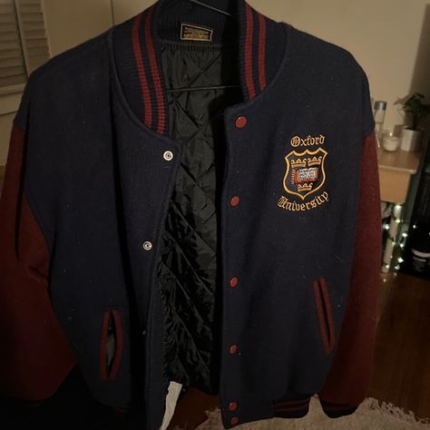 Oxford university varsity jacket Varsity Jacket University, Varsity Photoshoot, University Jacket, Senior Jackets, Varsity Jacket Outfit, Anime Outfit, University Outfit, Mens Casual Dress Outfits, In My Room