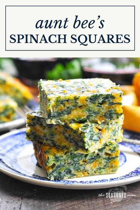 Aunt Bee's cheesy spinach squares are a delicious make ahead appetizer to serve at your upcoming holiday party! They are the perfect bite-size finger food, but they work equally well as a weeknight side dish. Cheesy, easy, and just 10 minutes of prep! Spinach Squares Recipe, Spinach Squares, Spinach Appetizers, Make Ahead Appetizer, Easy Make Ahead Appetizers, Fried Brussel Sprouts, Cheese Squares, Homemade Appetizer, Cheesy Spinach