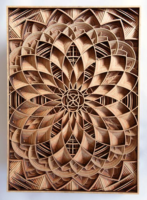 Working with precisely cut 1/8" pieces of laser-cut mahogany plywood, Oakland-based artist Gabriel Schama creates densely layered wood relief sculptures that twist, intersect, and overlap to create various mandala-like forms. Each piece begins as a vector illustration which is fed into his Tre Kunst, Wood Trellis, Wooden Artwork, Laser Cut Plywood, Chip Carving, Random Images, Carving Art, Relief Sculpture, Wood Working Gifts