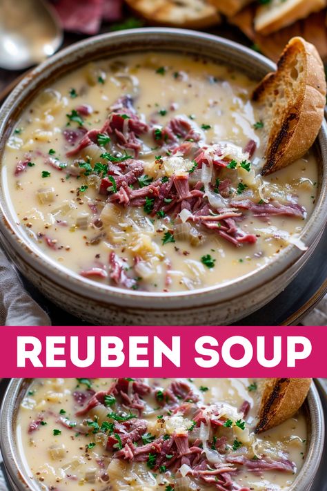 Reuben Soup Corned Beef And Cabbage Soup Crock Pot, Corned Beef Chowder, Keto Reuben Soup, Creamy Reuben Soup Recipe, Food With Sauerkraut, Reuben In A Bowl Low Carb, Soup With Sauerkraut, Corn Beef Soup Recipes, Cockaleaky Soup