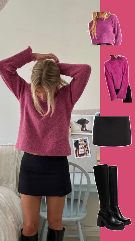 Pink long sleeve fuzzy sweater and black skirt outfit with black boots. Outfit inspo. Fall 2024 outfits Sweater And Black Skirt Outfit, Black Boots Fall Outfit, Outfit With Black Boots, Sweater And Skirt Outfit, Plain Black Skirt, Boots Fall Outfit, Black Skirt Outfit, Chunky Black Boots, Black Skirt Outfits