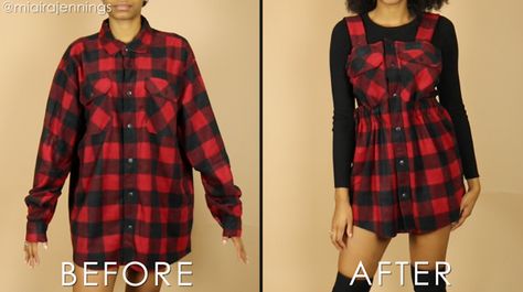 Diy Overall Dress, Overall Dresses, Flannel Shirt Refashion, Clothes Videos, Shirt Makeover, Dress Alterations, Shirt Refashion, Long Sleeve Flannel, Men's Button Down Shirt