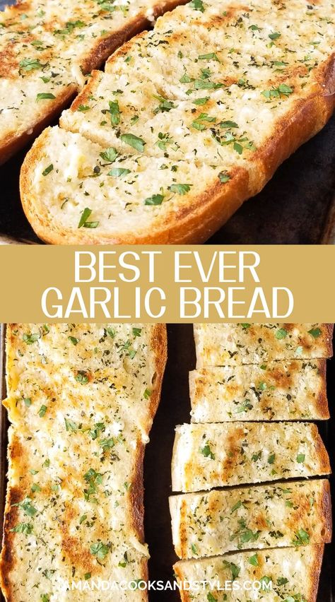 Easy Homemade Garlic Bread – Classic garlic bread recipe with one secret ingredient that places this garlic bread above the rest. Serve warm with your favorite pastas, salads and soups. French Bread Garlic Bread Easy, Easy Homemade Garlic Bread, Cream Cheese Garlic Bread, Best Garlic Bread Recipe, Pastas Salads, Easy Garlic Bread Recipe, Easy Garlic Bread, Cheese Garlic Bread, Make Garlic Bread