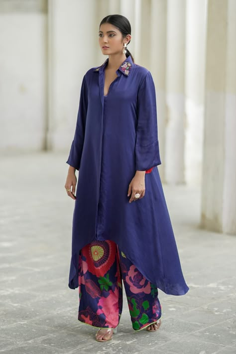 Buy Blue Modal Satin Printed Culottes Floral Collared Asymmetric Kurta With Pant For Women by Almaari by Pooja Patel Online at Aza Fashions. Silk Suit Designs Indian, Kurta Designs Women Casual, New Dress Designs, Casual Pakistani Outfits Simple, Long Kurta Designs, Fusion Outfits, Indo Western Outfits For Women, Latest Kurta Designs, Rings Indian