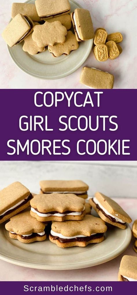 Copycat Girl Scout S'Mores Cookie Recipe Girl Scout Smores Cookie Recipe, Copycat Girl Scout Cookies, Homemade Girl Scout Cookies, Lemonade Girl Scout Cookies, Girl Scout Cookie Recipes, Cookbook Inspiration, Smores Cookies Recipes, Dessert Cheese Ball, Hot Recipes