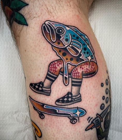 Chrome Traditional Tattoo, Traditional Tattoo Dinosaur, Neo Traditional Filler Tattoo, Traditional Water Tattoo, Traditional Skateboard Tattoo, American Traditional Octopus, Chrome Tattoo Designs, Iridescent Tattoo, Rainbow Trout Tattoo