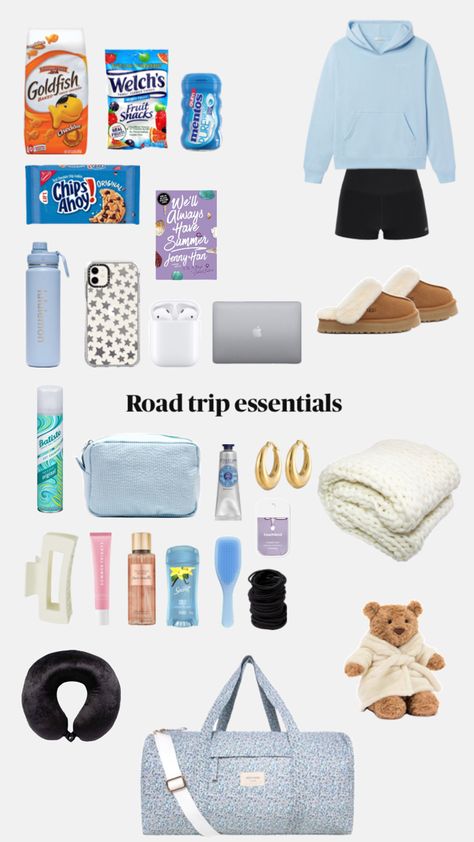 Road trip essentials vacation summer trip aestehtic cute preppy trendy Taylor swift swiftie Road Trip Outfit Summer, Trip Outfit Summer, Road Trip Necessities, Trip Essentials Packing Lists, Baby Camping, Summer Road Trip Essentials, Sleepover Essentials, Road Trip Bag, Disney Trip Surprise