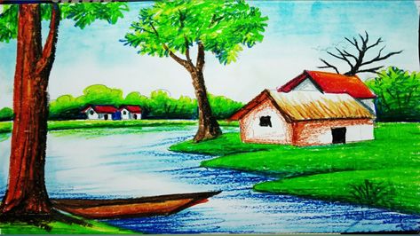 Beautiful Scenery Drawing, Abs Art, Oil Pastel Landscape, Easy Scenery Drawing, Cartoon Dolphin, Oil Pastel Drawings Easy, Easy Landscape Paintings, Oil Pastel Colours, Drawing Scenery