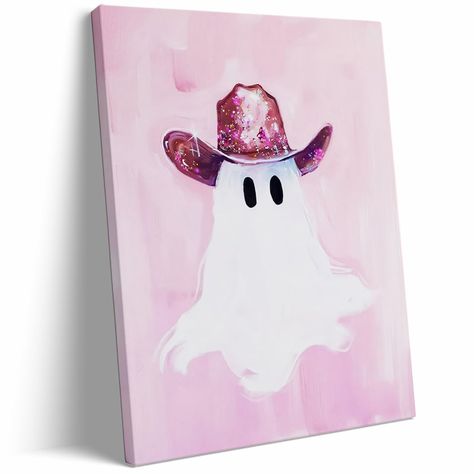 Pink Mini Canvas Paintings, Cute Ghost Pumpkin Painting, Girly Halloween Crafts, Halloween Artwork Painting, Halloween Painting Ghost, Pink Ghost Painting, Western Pumpkin Painting Ideas, Preppy Paintings Easy, Christmas Canvas Paintings Easy