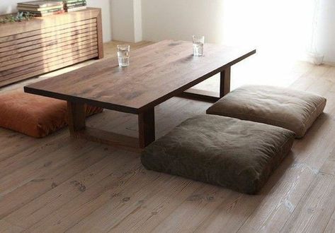 Japanese Tables, Japanese Floor Seating, Japanese Dining Table, Japanese Living Rooms, Zen Furniture, Floor Seating Living Room, Japanese Living Room, Japanese Home Decor, Floor Sitting