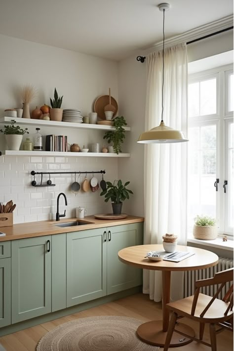 Cozy Scandinavian kitchen nook with sage green cabinets and wooden accents Sage Green Ikea Kitchen, Ikea Sage Green Kitchen, Scandinavian Classic Interior, Green Scandinavian Interior, Scandi Kitchen Diner, Scandinavian Colorful Interiors, Scandinavian Interior Green, Classic Scandinavian Interior, Kitchen Color Inspiration