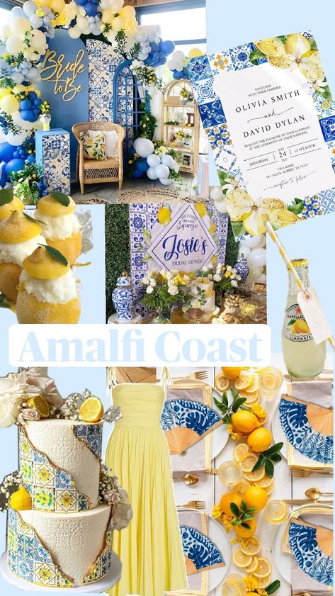 Positano Themed Bridal Shower Ideas, Summer Bridal Shower Themes, Lemon Party Decorations, Blue Bridal Shower Themes, Amalfi Lemons, Mediterranean Party, Amalfi Wedding, Italian Bridal Showers, Lemon Birthday