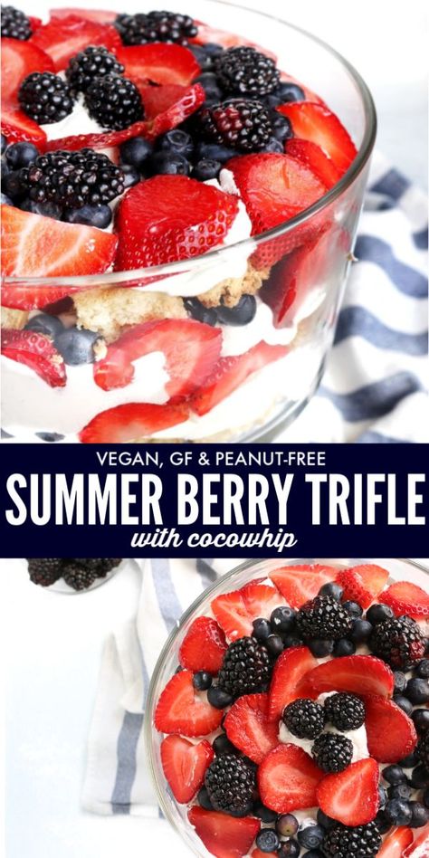 This Vegan Berry Trifle is perfect for a summer party. It’s refreshing, gorgeous, and you can make it ahead of time! Sure to be a crowd-pleasing hit! |www.allergylicious.com| #4thofjuly #vegancake #glutenfreedessert #nutfree #ketofriendly #trifle #summerdessert #healthydessert Dairy Free Trifle, Vegan Trifle, Bbq Dessert, Cows Milk, Bbq Desserts, Berry Trifle, Dessert Oreo, Vegan Candies, Trifle Desserts