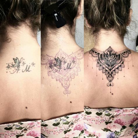 Upper Back Tattoo Cover Up, Back Cover Up Tattoos For Women Upper, Artful Tattoos, Behind The Neck Tattoos, Neck Tattoo Cover Up, Flower Cover Up Tattoos, Tatuaje Cover Up, Chest Tattoo Drawings, Wrap Around Wrist Tattoos