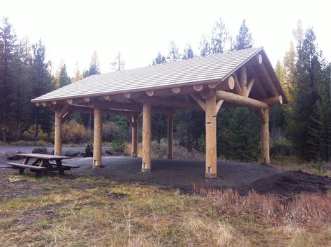 Log Outdoor Kitchen, Log Pavilion Ideas, Log Pavilion, Pavilion Model, Log Structures, Shingled Roof, Cedar Wood Projects, Rv Carports, Carport Plans