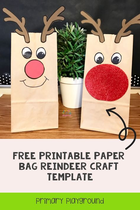 Reindeer Gift Bags Diy Brown Paper, Reindeer Paper Bag Craft, Paper Bag Reindeer, Reindeer Bags, Reindeer Gift Bags, Craft Toddler, Free Printable Paper, Caregiver Gifts, Reindeer Hat