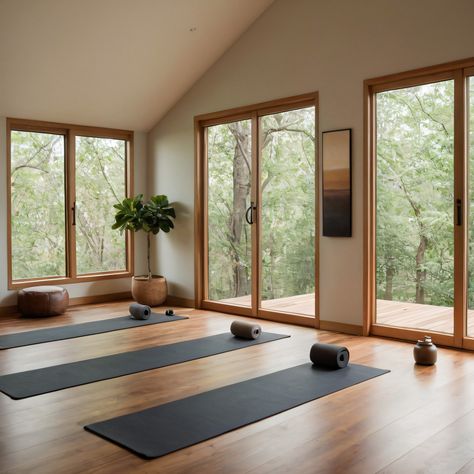 A serene minimalist home yoga studio with hardwood floors, large windows, and calming neutral tones for a peaceful and focused practice environment. #YogaStudio #Minimalist #HardwoodFloors #LargeWindows #NeutralTones Pilates And Yoga Studio, Minimalist Yoga Studio, Small Yoga Studio, Yoga Nook, Terrace Inspiration, Yoga Living Room, Home Yoga Studio, Pilates Room, Yoga Background