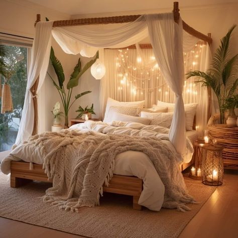 Boho Bedroom With Canopy Bed, Boho Canopy Bedroom, Boho Canopy Bed, Bedframe Ideas, Neutral Color Bedroom, Rendered Houses, Wood Canopy Bed, Boho Bedroom Design, Canopy Bedroom