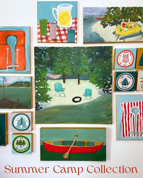 Summer Camp Collection is now live! 🛶🏕️☀️🩱🎉 This collection has been in the works for months and it feels so good to get it in your hands and homes! But don’t wait to purchase. I’m heading to @porterflea today and tomorrow (6/14-15) and I don’t know how long these paintings will last! If you in the Nashville area, come see me at Booth 25! 😁 #gpwart #ginnypworsleyart #summercampcollection #pfsummer24 #summersatthelake #summercampvibes Horizontal Acrylic Painting, Square Acrylic Painting, Retro Beach House, Camp Collection, Lake Painting, Life Vest, Lake Art, Boat Painting, Lake Cottage