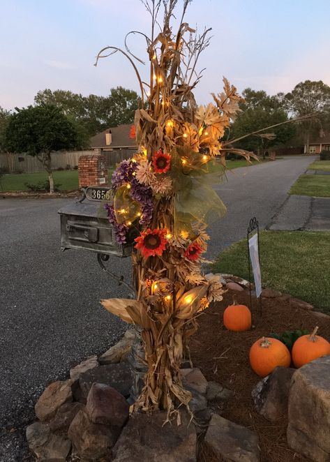 Cornstalk Decor Front Porch, Fall Mailbox Decorating Ideas, Cornstalk Decor, Fall Mailbox Decor, Corn Boil, Fall Outside Decor, Halloween Arch, Mailbox Decorations, Fall Mailbox