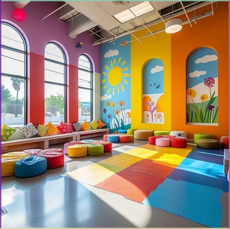 Indoor Playground Theme, Kids Center Design, Creche Room Ideas, Play School Decor Ideas, Day Care Ideas Decoration, Daycare Decorating Ideas, Playful Classroom, Daycare Mural, Daycare Rooms Setup