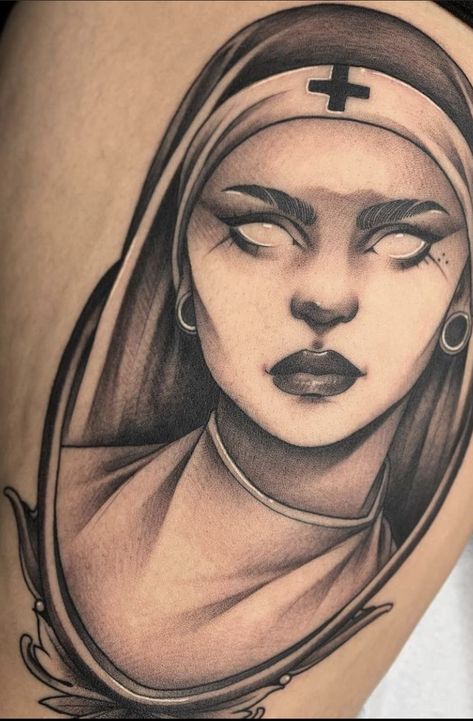 Scary Nun Tattoo, Monja Tattoo, Evil Nun Drawing, Portrait Tattoo Stencil, Nun Tattoo Design, Nun Drawing, Tattoo Spooky, Scary Nun, Nun Tattoo