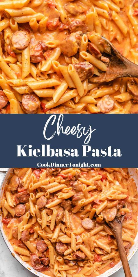 Cheesy Kielbasa Pasta One Pan Kielbasa Pasta, Meals To Make With Kielbasa, Cheddar Kielbasa Recipes, Crockpot Kielbasa Pasta Recipes, Spicy Kielbasa Pasta, Keilbasa Recipes Creamy, Kielbasa Pasta Vodka Sauce, Easy Pasta With Sausage, Lil Smokies Pasta