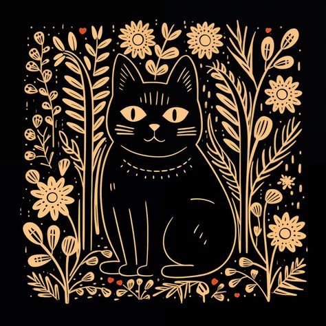 The black cat with a big grin sits in the middle of a gold-shining meadow. Lino cut. Linocut Printmaking, Lino Art, Cat Stamp, The Black Cat, Scratch Art, Lino Cut, Linocut Art, Black Cat Art, Lino Print