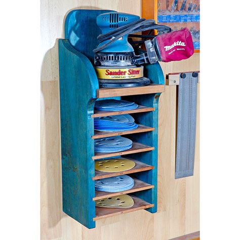 Orbit Sanding Center  - Add a french cleat to the back so that it can be stored in a storage cabinet but brought to the bench for use. Woodworking Plans Patterns, Cabinets Storage, Storage Organizers, Woodworking Storage, Wood Magazine, Shop Cabinets, Wall Organizer, Small Workshop, Diy Holz