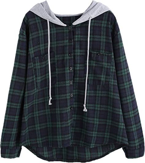 SweatyRocks Women's Long Sleeve Plaid Hoodie Jacket Button Down Blouse Tops at Amazon Women’s Clothing store Goblincore Aesthetic Clothes, Tops Online Shopping, Alt Clothes, Egirl Clothes, Flannel Hoodie, Plaid Hoodie, Hooded Flannel, T Shirt Crop Top, Flannel Jacket