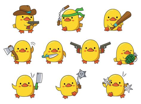 Set of illustrations with dangerous cute ducks. With different weapons. Vector graphic. Cute Animals With Knives Drawings, Duck With Knife Drawing, Duck Draw, Ducks Cartoon, Duck Vector, Duck With Knife, Cute Ducks, Duck Illustration, Knife Drawing