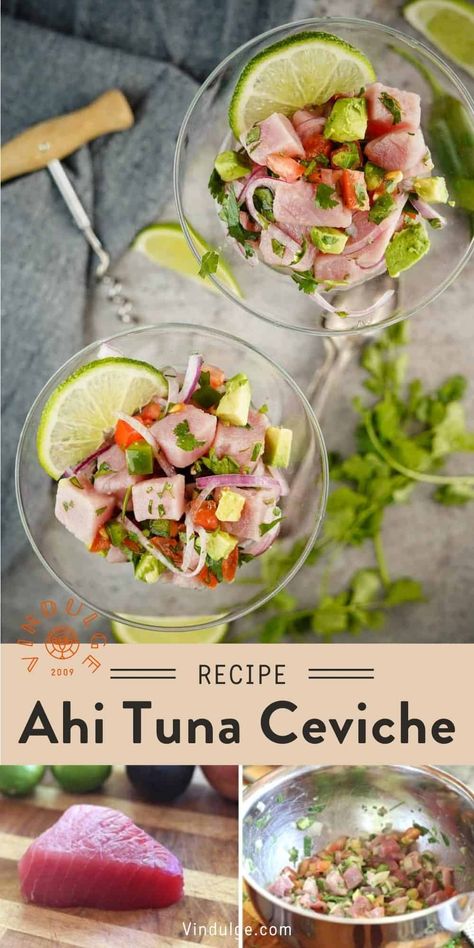 Ahi Tuna Ceviche is perfect for summer nights or a simple party appetizer! This quick and easy recipe for classic ceviche made with Ahi Tuna will easily become your go-to ceviche recipe! So good! Mango Ceviche, Ceviche Recipes, Tuna Ceviche, Tuna Can, Ceviche Recipe, Fresh Tuna, Yellowfin Tuna, Ahi Tuna, Party Appetizers Easy