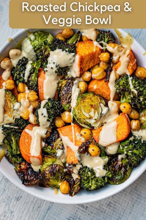 This recipe for Roasted Chickpea & Veggie Bowl uses one sheet pan for easy cleanup. Budget-friendly, easy and quick to make. Served with a generous drizzle of Tahini Maple Dressing. Maple Dressing, Roasted Chickpea, Seasoned Veggies, Chick Pea, Buddha Bowls, Crispy Chickpeas, Veggie Bowl, Buddha Bowl, Roasted Chickpeas