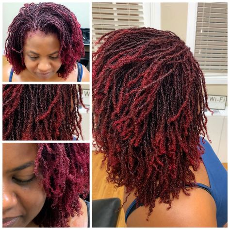 Sisterlocks Dyed Hair Colors, Sisterlocks Color Ideas, Burgundy Microlocs, Colored Sisterlocks Highlights, Color Sisterlocks, Ginger Sisterlocks, Color On Sisterlocks, Dark Burgundy Locs, Colored Sisterlocks Black Women