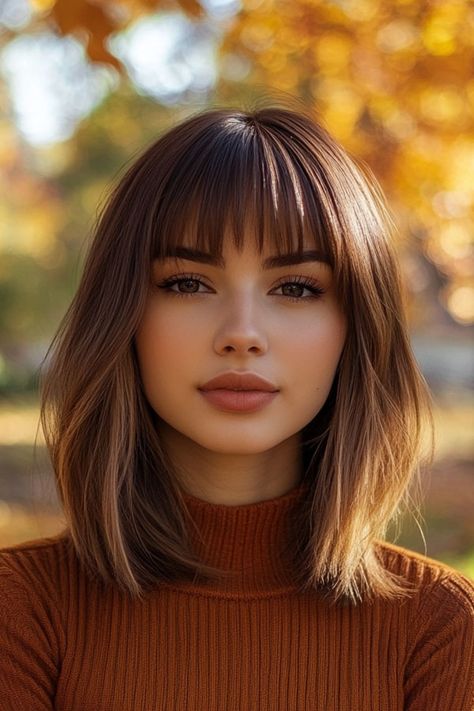 25 Trendy Long Bob Hairstyles with Fringe You Need to See Long Bob Side Fringe, Front Bangs With Long Hair Fringes, Long Bob Haircuts With Fringe, Mid Length Hair And Bangs, Medium Bob Hairstyles With Fringe, Heavy Fringe Hairstyles, Medium Length Haircut With Bangs For Fine Hair, Long Bob Round Face Fine Hair, Hairstyles For Fine Hair With Bangs