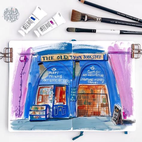 Gouache And Pencil, Gouache Urban Sketching, Sketching With Colored Pencils, Gouache And Colored Pencil, Gouache Architecture, Julia Henze, Colored Pencil Sketches, Urban Sketchbook, Painted Journals