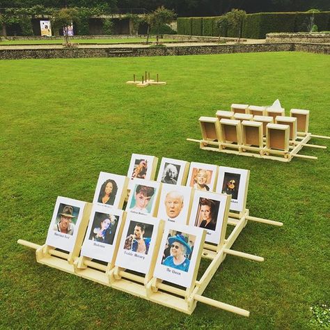 Giant Guess Who, Party Rental Ideas, Garden Party Games, Diy Yard Games, Giant Games, Garden Games, Wedding Activities, Yard Games, Backyard Games