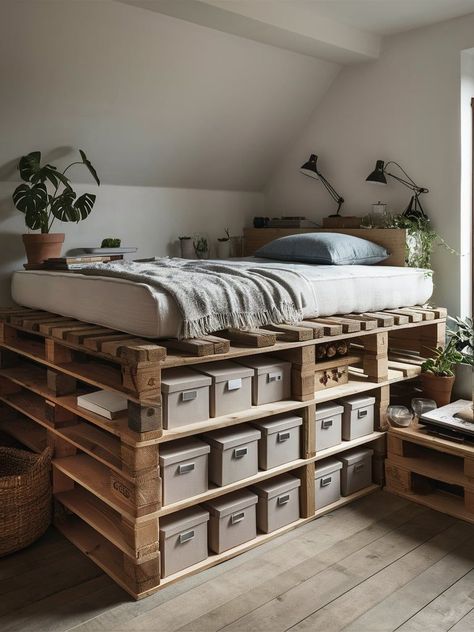 How To Make A Bed Frame Wood, Pallet Furniture Bedroom Bed Frame, Diy Wood Room Decor, Handmade Wooden Bed Frame, What To Build With Pallets, Bedroom Ideas Decoracion Diy, Diy Wooden Bed Frame Queen, Easy Furniture Diy, Creative Bed Frame Ideas