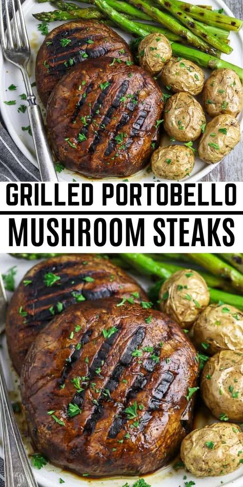 Vegetarian Grilling, Portobello Mushroom Steaks, Grilled Portabella Mushrooms, Mushroom Grilled, Mushroom Steaks, Jamur Kancing, Resep Steak, Portobello Mushroom Recipes, Vegan Steak