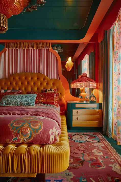 Funky Retro Bedroom, Vintage Decor Bedroom, Retro Bedroom Ideas, Pinterest House, 70s Bedroom, Funky Bedroom, 60s House, Decor Bedroom Ideas, Colourful Decor