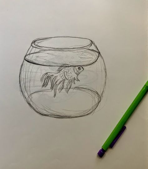 Fish In Bowl Drawing, Fish Bowl Sketch, Fishbowl Sketch, Fish Bowl Drawing, Bowl Sketch, Music Sketch, Fish Sketch, Fish Vase, Sketches Easy