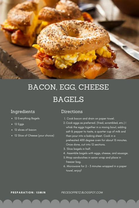 Recipe for freezer friendly bacon egg cheese bagels Freezer Breakfast Bagels, Bagels Sandwich Breakfast, Bacon Egg And Cheese Bagel Meal Prep, Bacon Egg And Cheese Everything Bagel, Freezer Bagel Breakfast Sandwiches, Chopped Breakfast Bagel, Everything Bagel Recipe Sandwiches, Easy Breakfast Bagel Ideas, Breakfast Bagel Recipes